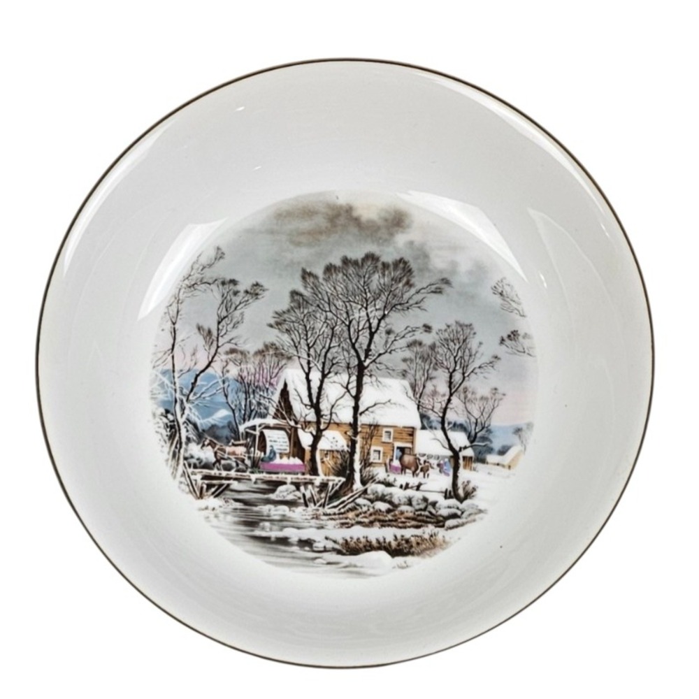 Avon 1981 Fine Porcelain Christmas Bowl Winter Scene Gold Rim Made in Japan 7.5"